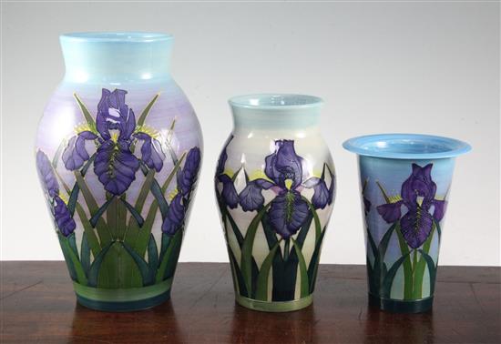 Sally Tuffin for Dennis Chinaworks. Three Iris pattern vases, 16 - 26cm